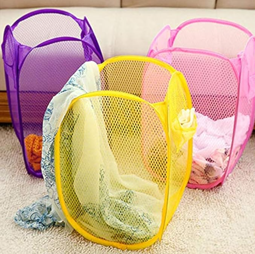 Nylon Mesh Laundry Basket Sturdy Material & Durable Handles Netted Lightweight Large Size Laundry Bag (Assorted Color) Pack of 1